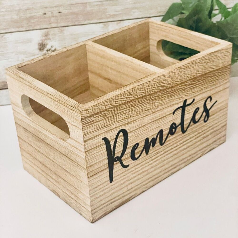NWT Farmhouse Black Wood Remotes Graphic 2 Slots Minimalist Holder Organizer
